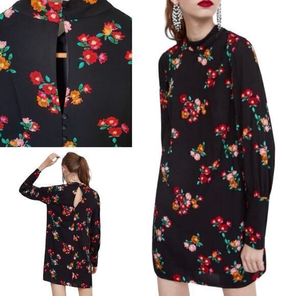 Zara Long Sleeve Floral Dress Black Size M‎ - Picture 8 of 8